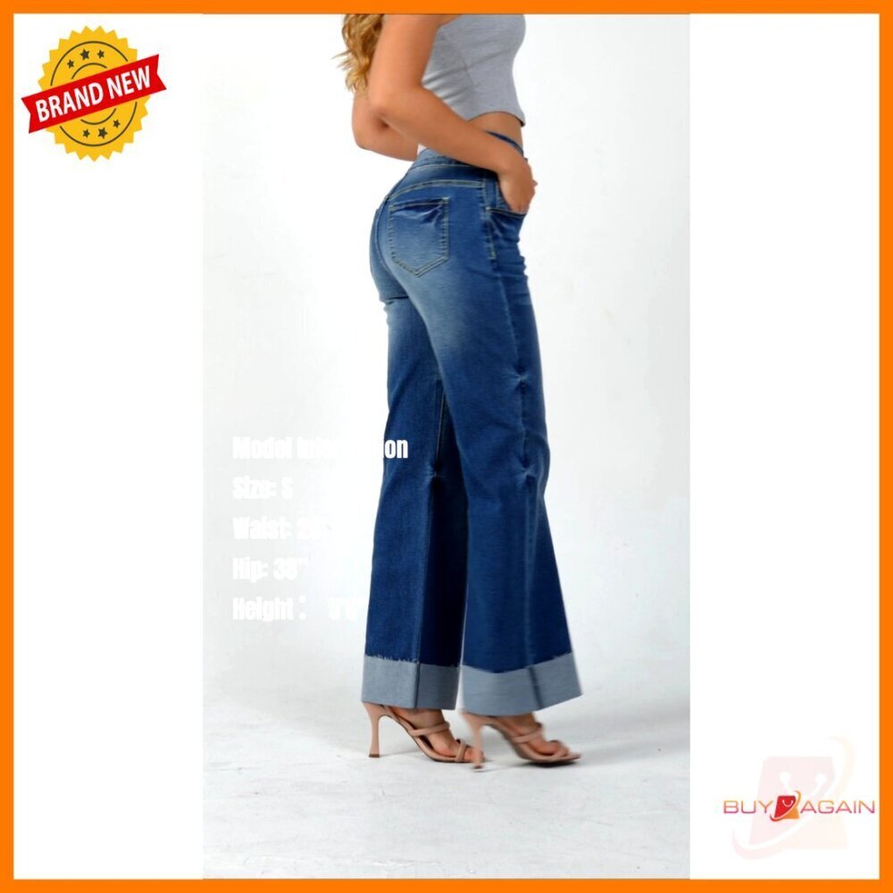 High Waisted Stretchy Wide Leg Jeans Cuffed Baggy Loose Denim Pants - Picture 7 of 7